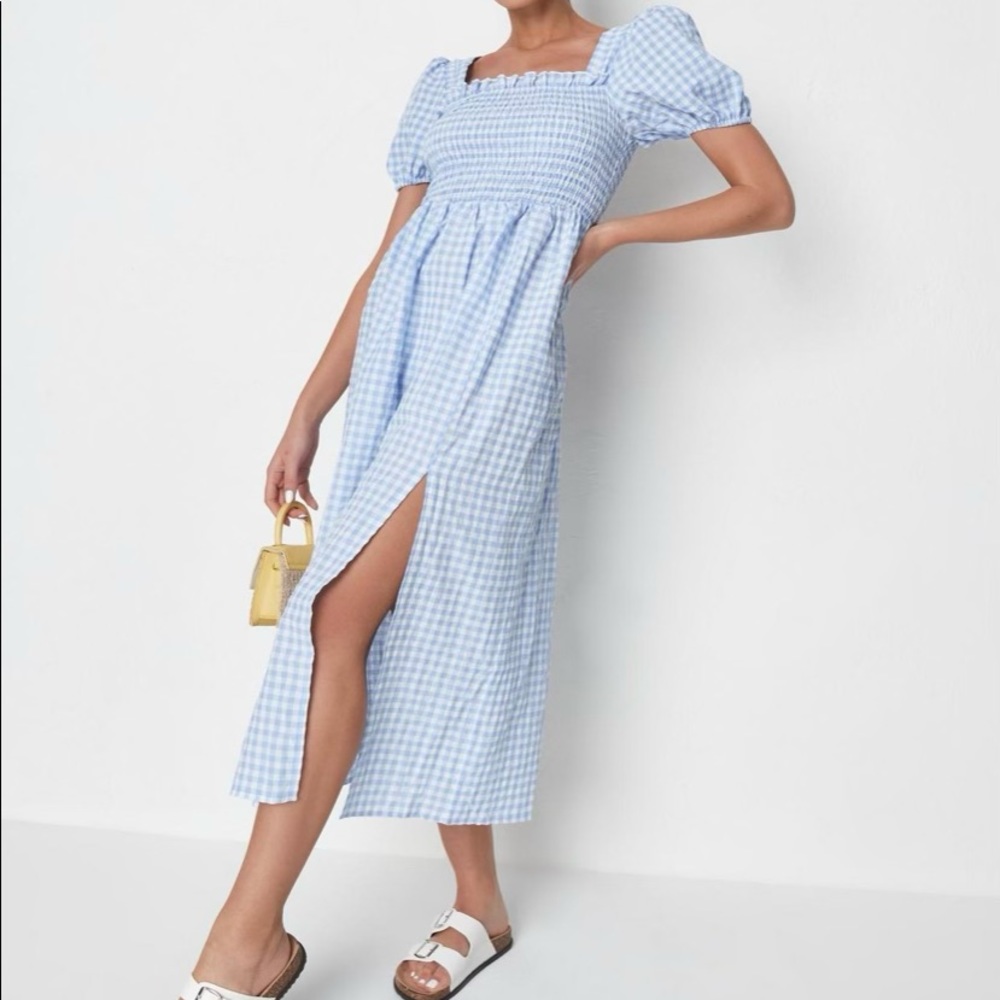 MissGuided Blue Gingham Puff Sleeve Dress.